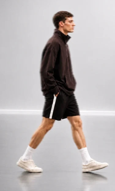 검은 상의와 반바지를 입고 걷는 AUBRE 모델